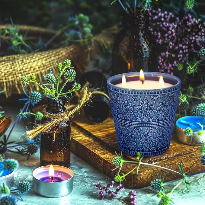 3-Wick Citronella Candle Outdoor Indoor, 20 Ounce Lemongrass Soy Wax Candle in Blue Ceramic Jar for Home Garden Patio Yard Balcony and Summer Gift