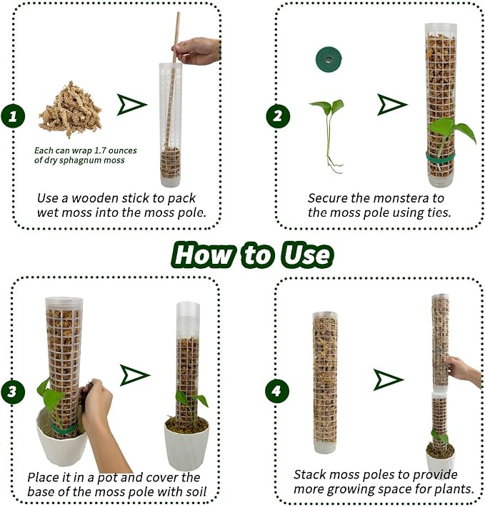 Moss Pole 17.4 inch, 2 Pack Monstera Plant Support, Plastic Self-Watering, Stackable Design - Ideal for Medium to Large Plants