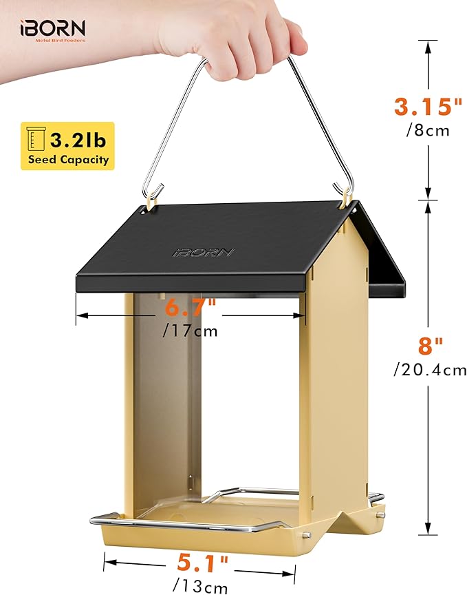 iBorn Bird Feeders for Outdoors,Bird Feeder with Weatherproof Metal Roof & 8 Drain Holes,Fully Detachable Birdfeeder Design,Easy Clean & Refill,Chew-Proof PC Windows,3.2 Lbs Capacity,Black Roof