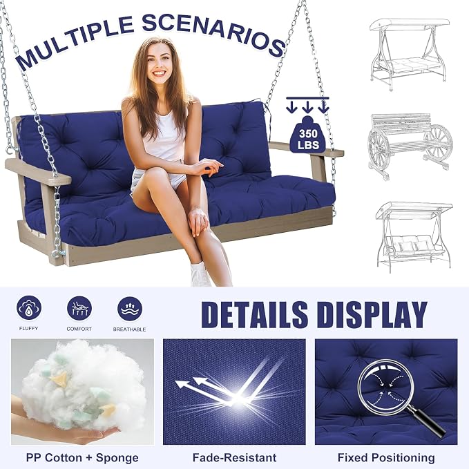 Porch Swing Cushions Outdoor 60 inch x 40 Waterproof Swing Cushions 3 Seater Replacement with Backrest & 8 Ties 5" Thick Bench Swing Cushions for Outdoor Furniture Patio(Navy Blue)