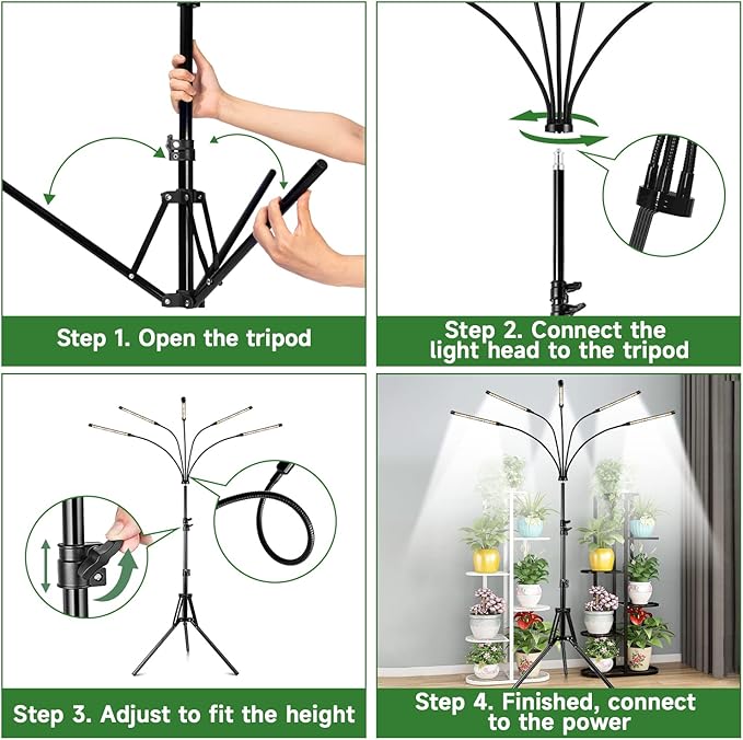 Garpsen Grow Lights for Indoor Plants, 5 Heads Full Spectrum Grow Light with Adjustable Tripod Stand, 100PCS LEDs Plant Light for Indoor Plants with 6/12/16H Timer and 3 Light Modes(No Clip)