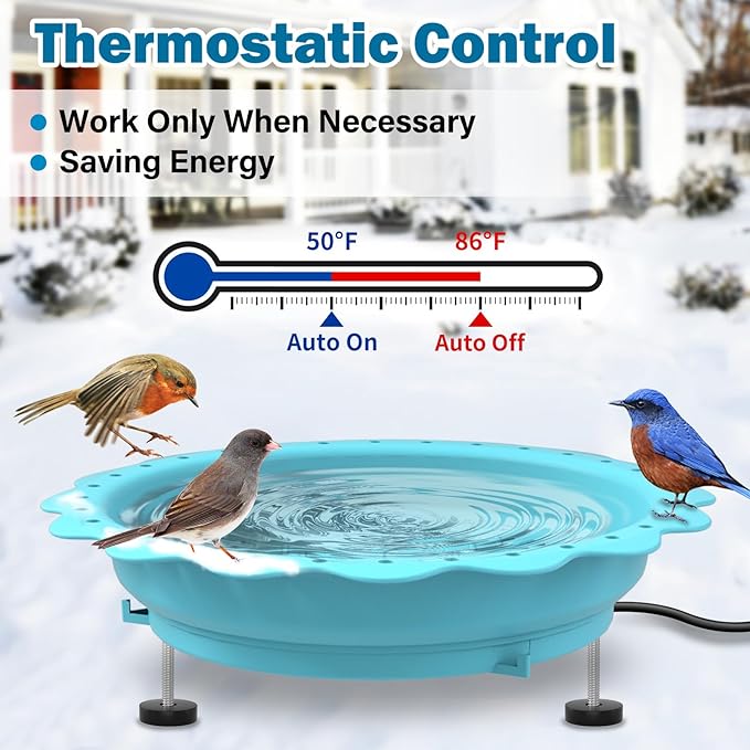 Heated Bird Bath for Outside Winter, Powerful 100W Thermostat Control Heated Bird Baths for Outdoors with 3 Metal Extension Screws, Heated Birdbath Water Heater for Garden Yard Patio Lawn(Blue)
