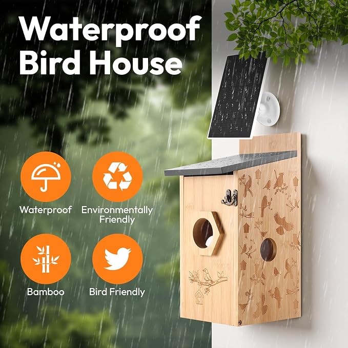 Smart Bird House with Camera – Bamboo Carving, AI Bird Recognition,IP66 Waterproof, Two-Way Audio, App Control,4MP Full-Color Night Vision,Solar-Powered,Cloud & SD Storage (Solar Birdhouse)