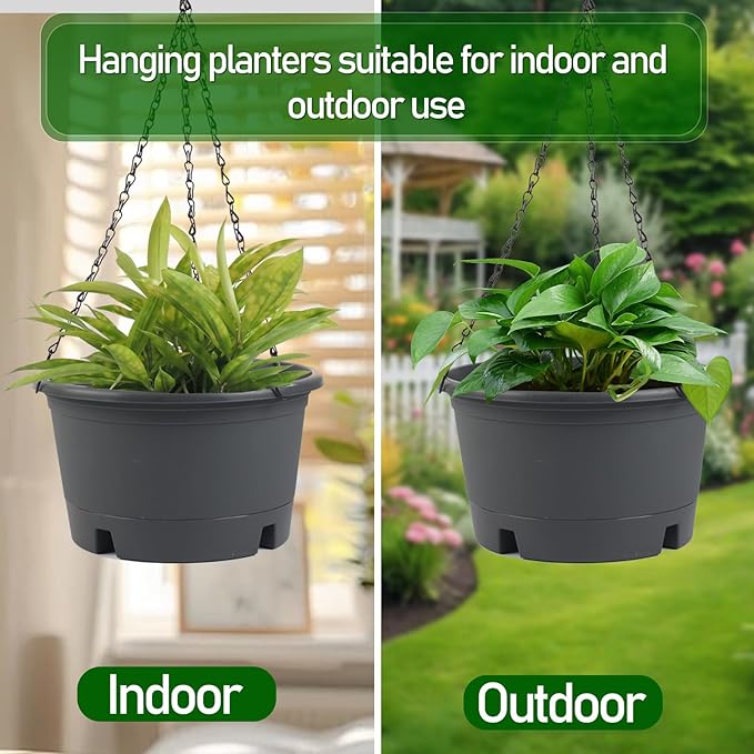 10 inch Hanging Planters, 4 Pack Hanging Baskets for Plants with Removable Trays & 15.7" Chain, Round Plastic Hanging Flower Pots for Home Garden Porch Balcony Patio Decor (Grey)