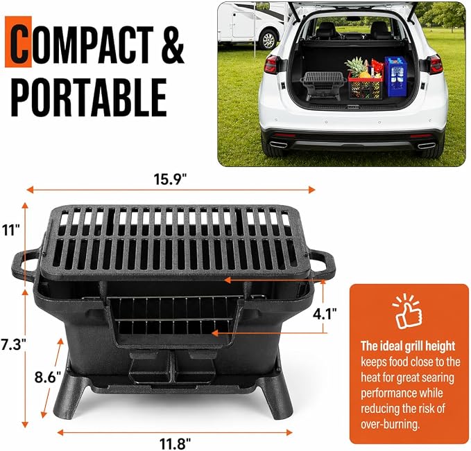 Hibachi Grill Outdoor, Portable Mini Charcoal Grill, Pre-Seasoned Cast Iron, Small Japanese Yakitori Tabletop Skillet Grill Stove for Outdoor Camping