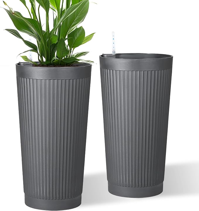 24in Tall Self-Watering Planters Set of 2, Gray | Water level indicator, Self-watering irrigation system, Non-toxic PP plastic, Weather Resistant, Indoor Outdoor Use