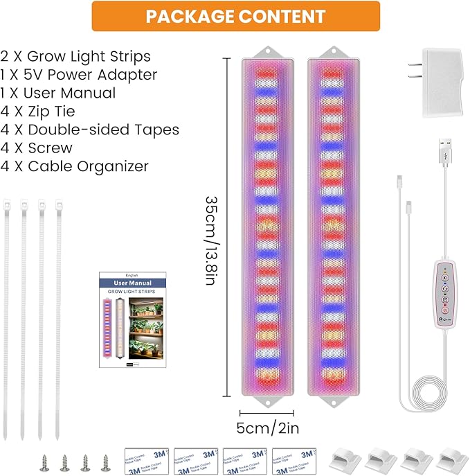 LED Grow Light Strip, 20W Full Spectrum Plant Lights With Red Blue White LEDs, 210 LEDs Grow Light Strips for Indoor Plants with 4/8/12/16H Auto Timer,3 Switch Modes, 5 Dimming Levels,2 Pack.