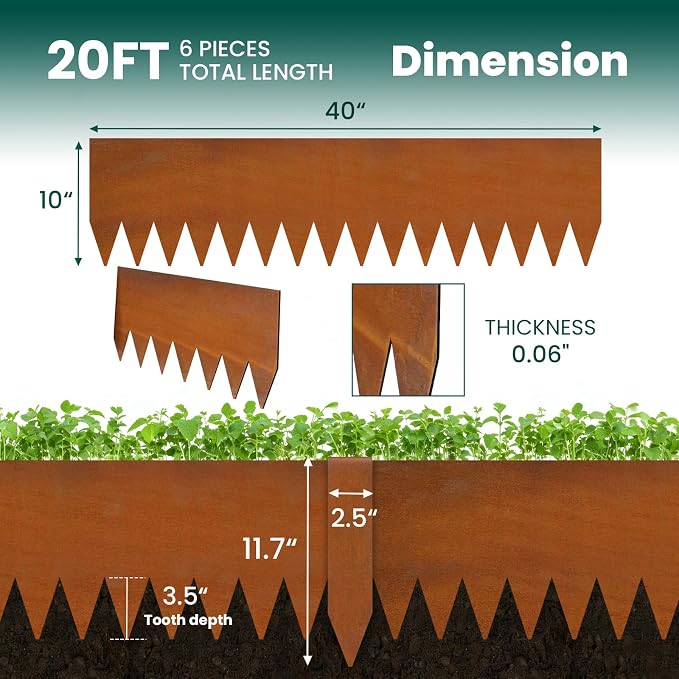 Corten Steel Edging 6 Pack 10" H x 40" L Metal Garden Edging, Metal Landscape Edging Hammer-in Steel Landscaping Thickened Pre-Rusted Steel Edging with 6 Clips and Gloves for Lawn Yard (20Ft Total)