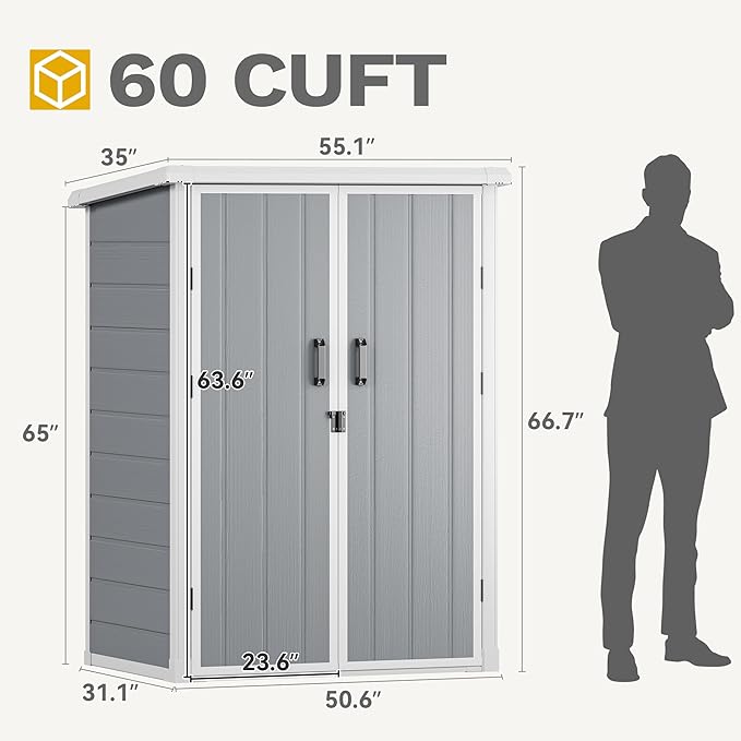 DWVO 60 Cuft Outdoor Tall Storage Shed with 2 Shelves, 5X3FT Vertical Tool Shed with Floor & Lockable Doors, Sturdy Double-Wall Plastic Cabinet for Garbage Cans and Garden Equipment (Gray)
