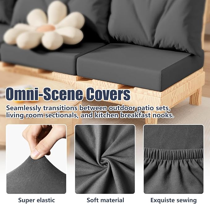 4Pcs Patio Stretch Cushion Covers, Outdoor Couch & Sofa Replacement Slipcovers for Patio Furniture Cushion Covers, Washable Reusable Furniture Protector, Square Large, Medium Grey