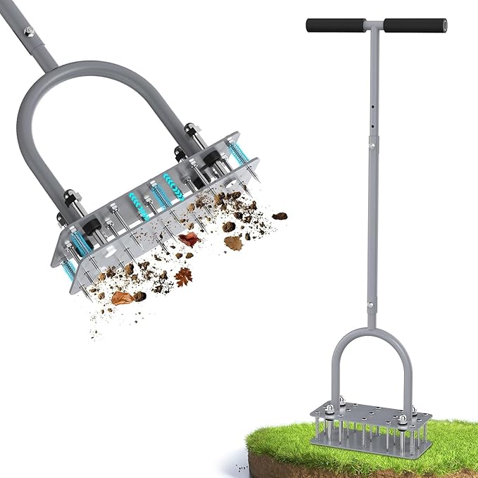 GAINO Manual Lawn Aerator Tool with 15 Spikes, 32"-35" Adjustable T-Handle Aerator for Lawn, Automatic Dirt Ejection Design, Heavy Duty Yard Grass Aerator for Soil Compaction,Gray