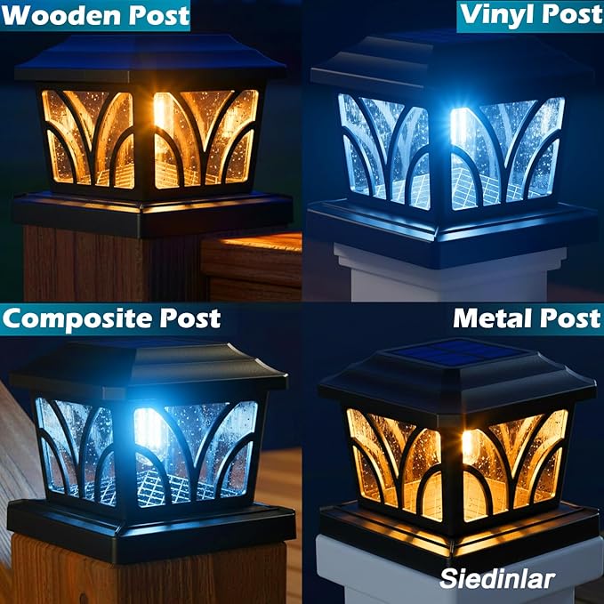 SIEDiNLAR Solar Post Cap Lights Outdoor, Aluminum Glass 2 Modes 20 Lumens Edison LED Bulbs for 4x4 5x5 6x6 Vinyl/Wooden Posts Fence Deck Patio Decor, Warm White/Cool White Lighting 1 Pack (Black)