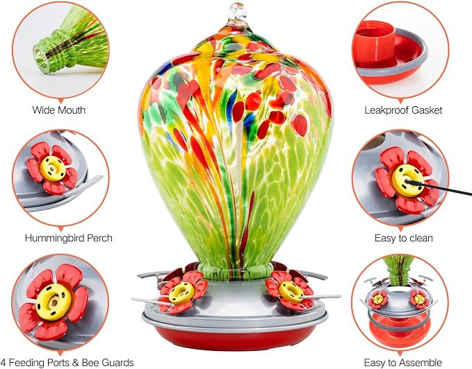 Muse Garden Hummingbird Feeders for Outdoors Hanging, Blown Glass Hummingbird Feeder, Hummingbird Gifts for Mom, Garden Decor for Outside, Unique Gifts Idea for Women, 34 OZ, Green Fireworks | Muse Garden Hummingbird Feeders for Outdoors Hanging, Blown...