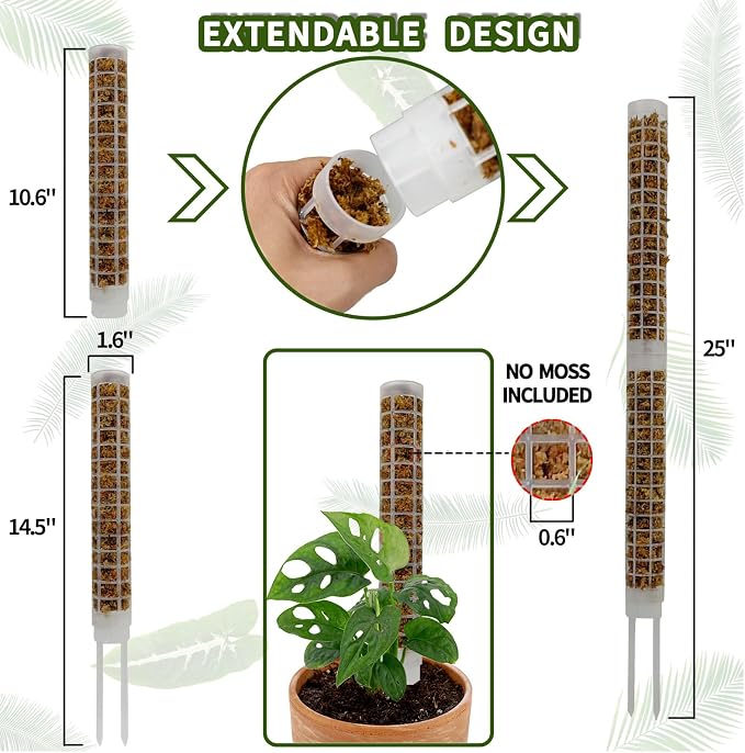 Small Moss Pole for Monstera - Stackable & Refillable Plastic Moss Poles for Climbing Plants with Large Mesh Design (2Pack-White-Small)