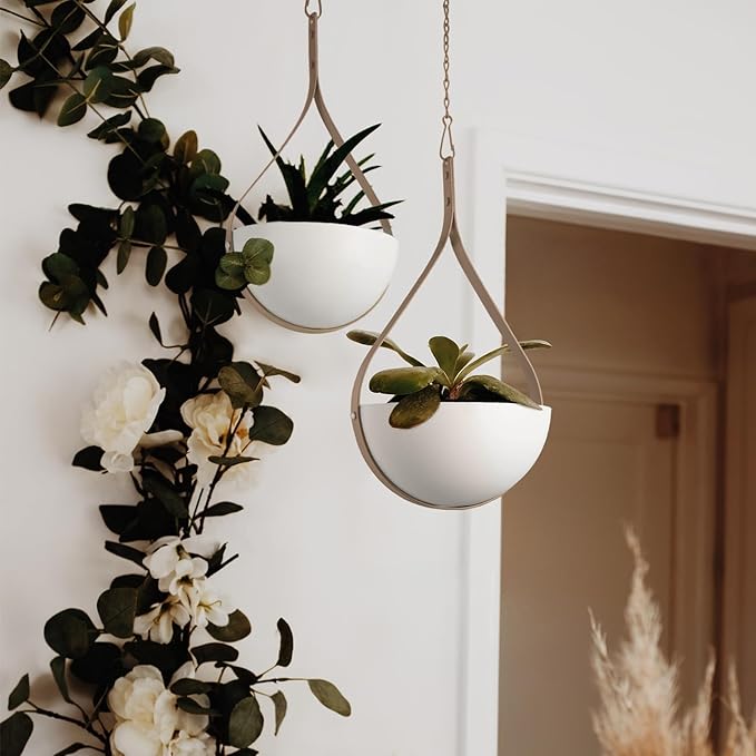 Hajia 2 Pack Waterdrop Shaped Hanging Planter, Beige Metal Plant Hanger with Non-Detachable Pots, Boho Hanging Plant Holder for Wall and Ceiling Decor.(No Plants or Drainage Holes)