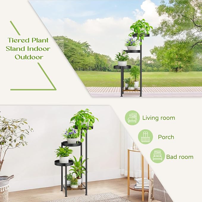Oppro Plant Stand Set of 2, Tiered Metal Wood Corner Planter Stands Flower Shelf for Indoor Outdoor Plants