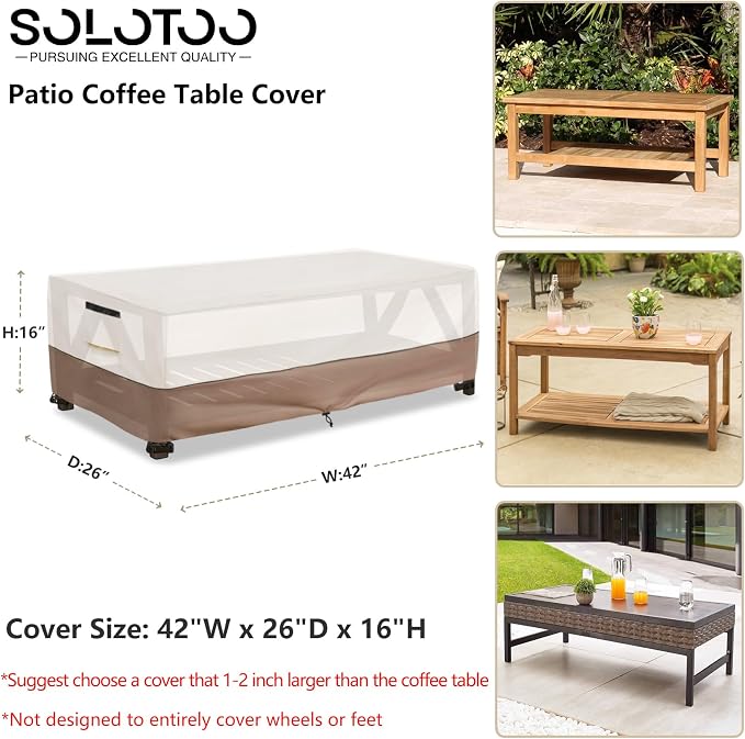 Outdoor Coffee Table Cover Waterproof, Heavy Duty Patio Rectangular Side Table Covers, 42W x 26D x 16H Inches Outdoor Tables Cover (Beige)