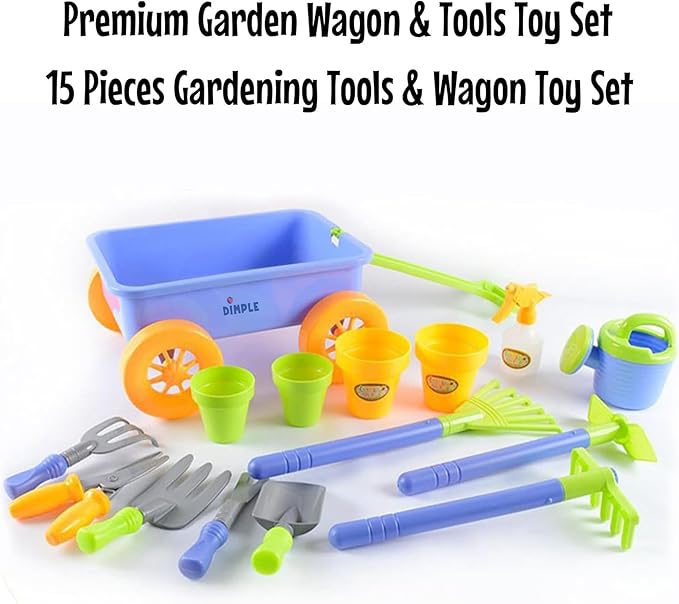 Dimple Garden Wagon & Tools Toy Set, Kids Gardening Set - 15 Pcs Outdoor Toys for Toddlers 1-3, Sand Toys - Sturdy & Durable - Top Yd, Beach, Sand, Garden Play Set for Kids & Toddler Gardening Tools