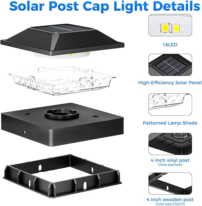 Peasur 4x4 Solar Post Cap Lights, 2 Modes 16 LED Post Solar Lights Waterproof, 16 Pack Black Fence Deck Lights Fit Wooden/Vinyl Post for Porch Patio