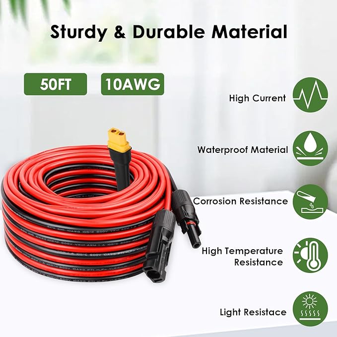 MOOKEERF Solar to XT60 Extension Cable 10AWG 50FT Solar Connector to XT60 Adapter Cable for Solar Panel to Portable Power Station Solar Generator Battery Pack
