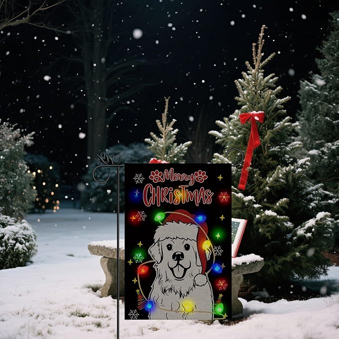 Christmas Dog Garden Flag - Led Great Pyrenees Christmas Decor for Outside, Welcome Garden Flags Double-Sided for Seasonal Winter Farmhouse Yard Lawn Decoration Gifts 12x18 inches