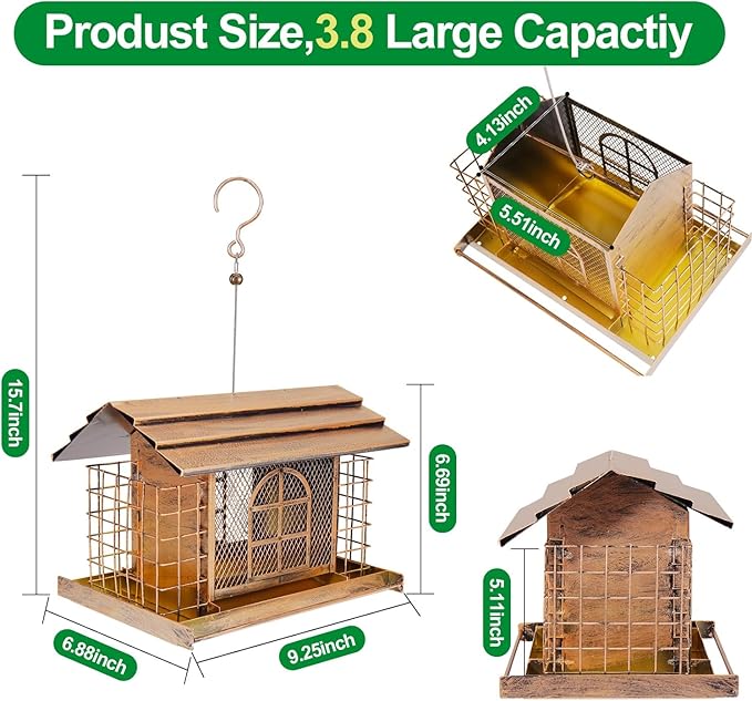 Bird Feeder for Outdoors, Metal Bird Feeder Hanging, 3.8LB Large Capacity with Double Suet Cages, Rainproof Roof, Attracts Cardinals, Finches, Blue Jays, for Backyard & Garden