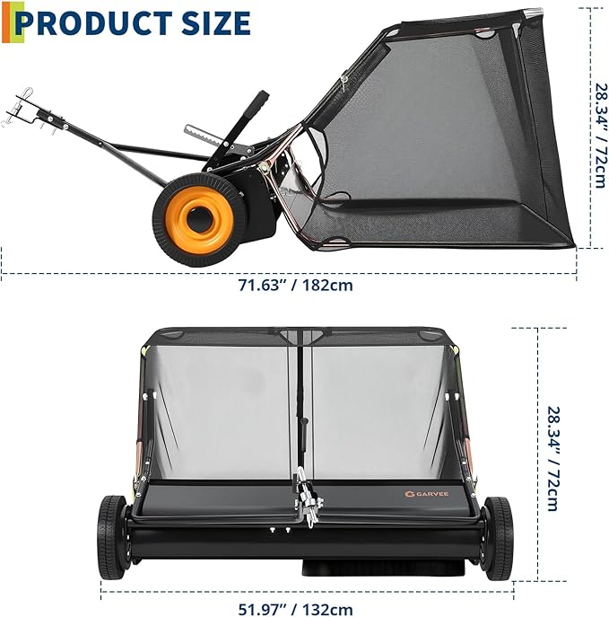 GarveeTech 44 Inch Lawn Sweeper Tow Behind, 26 cu. ft Large Hopper Grass Sweeper Tow Behind, Heavy Duty Leaf & Grass Collector, Adjustable Brush Height Lever and Dumping Rope, Pull Behind Sweeper Yard