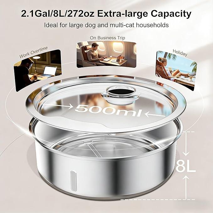Dog Water Fountain, 8L Stainless Steel Dog Water Fountain for Large Dogs, Dog Water Bowl Dispenser, Super Quiet Pump and Replacement Filters for Cats and Dogs (Silver-8L+3Filters)
