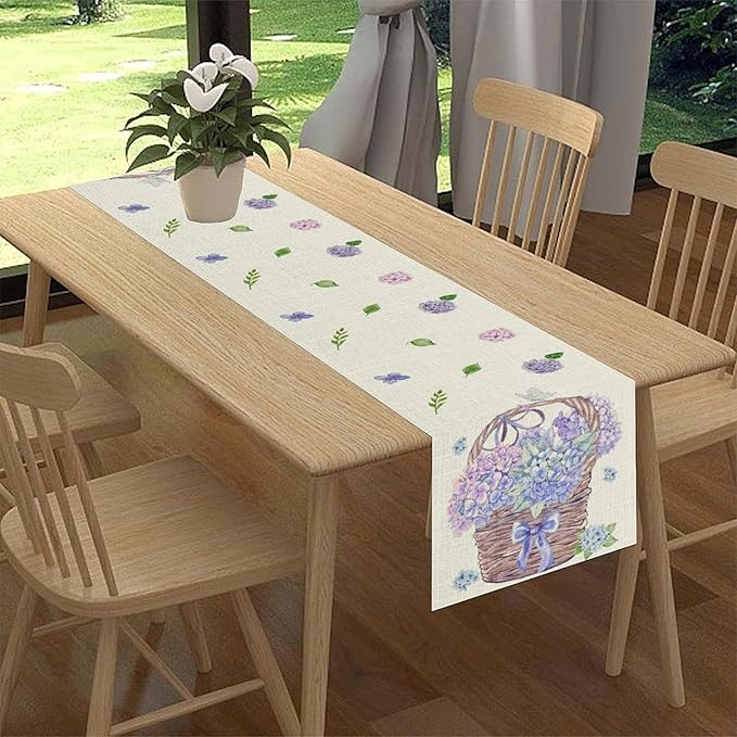 Blue Floral Table Runner, Rustic Watercolor Spring Summer Seasonal Hydrangea Flower Retro Coffee Country Table Center Decor for Family Kitchen and Dining Party Farmhouse Table Decorations, 13"x72"