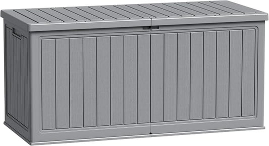 Flamaker Resin Deck Box 270 Gallon, Waterproof Imitation-Wood Lockable Storage Box with Separator Plate Outdoor Indoor, Garden, Patio Furniture for Tools&Pool Accessories (Gray)