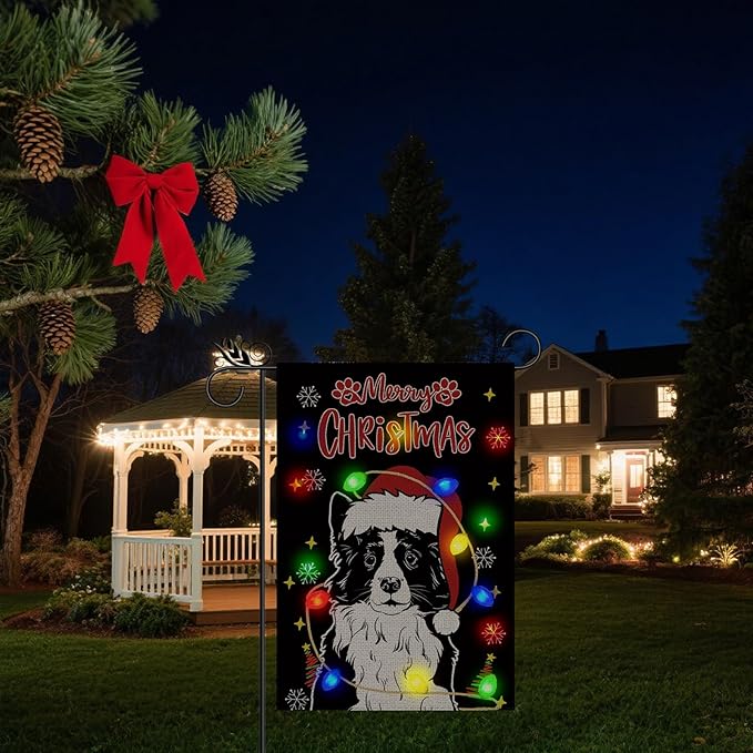 Christmas Dog Garden Flag - Led Border Collie Christmas Decor for Outside, Welcome Garden Flags Double-Sided Flag for Seasonal Winter Farmhouse Yard Lawn Decoration Gifts 12x18 inches