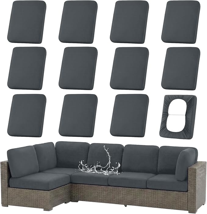 hyha Waterproof Outdoor Cushion Covers for Patio Furniture, Stretch Patio Chair Cushion Slipcovers, Coated UV Resistant Replacement Seat Covers, Solid Color (Dark Grey, 12PC)
