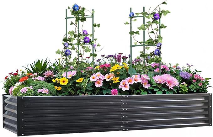 Metal Raised Garden Bed 8x4x1.5Ft Tall Outdoor Large Metal Galvanized Planter Boxes Kit for Vegetables, Flowers and Herbs,Garden Beds with 2Pcs Tomato Cage 1Pc Gloves,Black