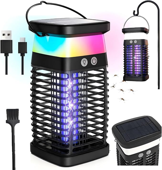 Solar Bug Zapper Outdoor & Indoor, 4200V Electric Mosquito Killer w USB Rechargeable 4000mah Battery, Waterproof Fly Trap for Gnat, Fruit Fly, Moths, Portable Pest Control for Indoor, Outdoor
