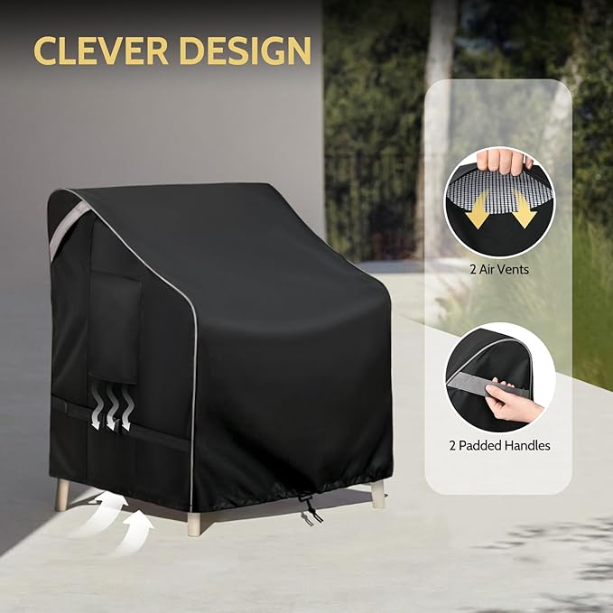 COSFLY Outdoor Patio Chair Covers Waterproof, Heavy-Duty UV-Resistant Furniture Covers, Adjustable Fit with Buckle Straps, Fits Chairs up to 35" W x 28" D x 35" H (2-Pack, Black)