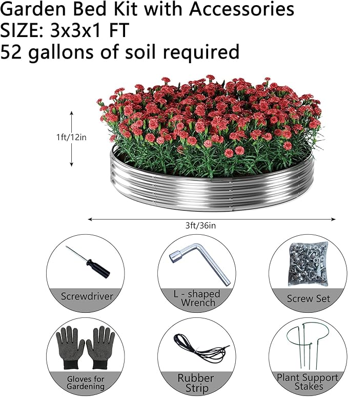 ZFHgarden Galvanized Metal Planter Round Raised Garden Bed Kit for Gardening Outdoor，3x3x1ft 2 Grow Garden Box Raised Flower Bed，Round Galvanized Planter Outdoor Large Metal Fire Pit Ring
