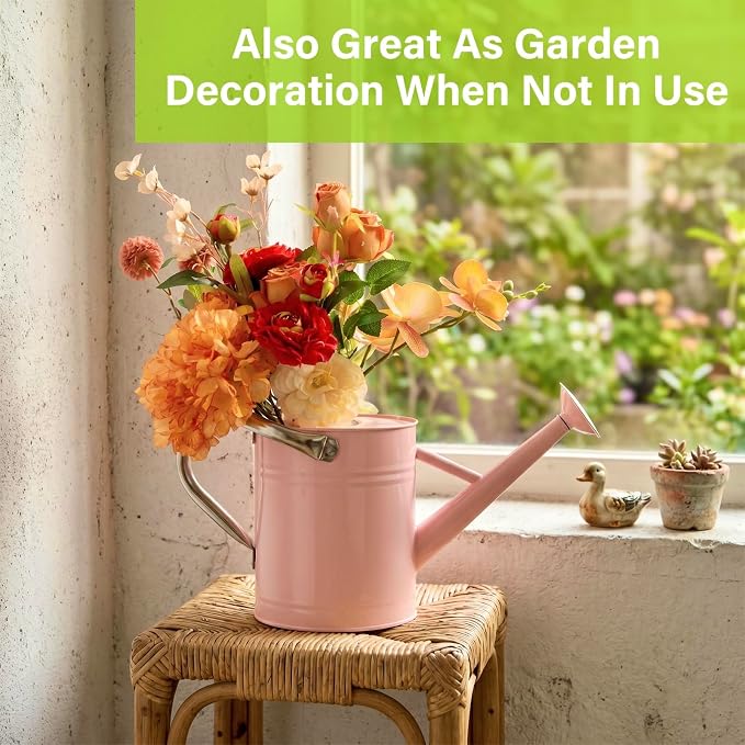 Watering Can for Outdoor&Indoor Plants，1 Gallon Metal Watering Can with with Removable Spout，Galvanized Steel Garden Flower Water Can Plant Watering Pot with 2 Handles,Pink