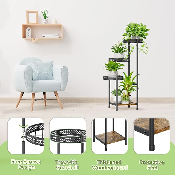 Oppro Plant Stand Set of 2, Tiered Metal Wood Corner Planter Stands Flower Shelf for Indoor Outdoor Plants