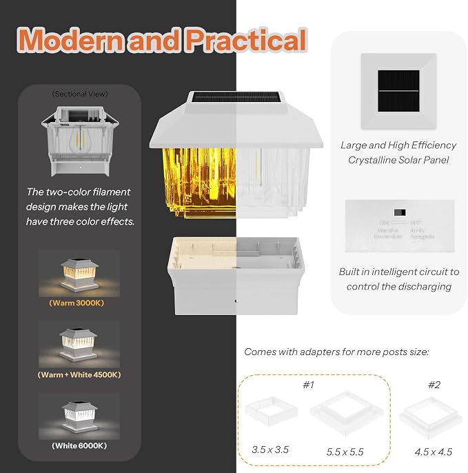 Single Solar Post Cap Light - Modern #1: Fits True 4x4 Vinyl, 4x4 & 6x6 Wood Posts, 3 Color Temp, 50 Lumen, Waterproof Outdoor Lights for Deck Fence, Elegant White