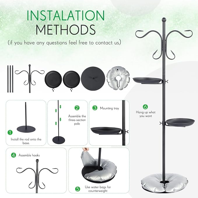 1 Set Upgraded 75.9" Shepherds Hook for Bird Feeder, Hanging Plant Wind Chime Stand, Metal Adjustable Standing Pole Holder for Indoor Outdoor, with 2 Rack & Weight Bag (2 Hooks)