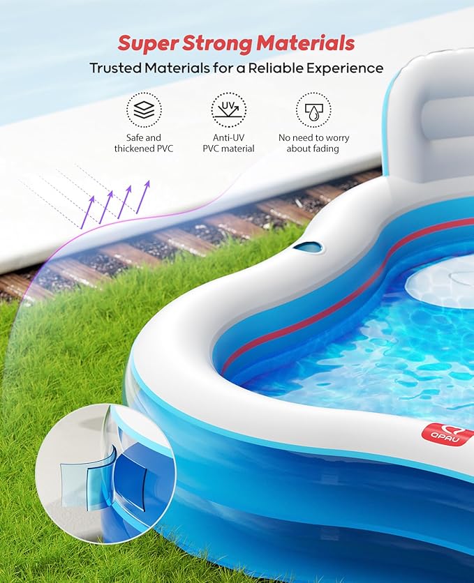 QPAU Inflatable Swimming Pool with 2 Seats and Backrests, 80" L x 80" W x 27" D Large Full-Sized Family Pools for Kids and Adults for Backyard, Garden, Outdoors, Clear Blue