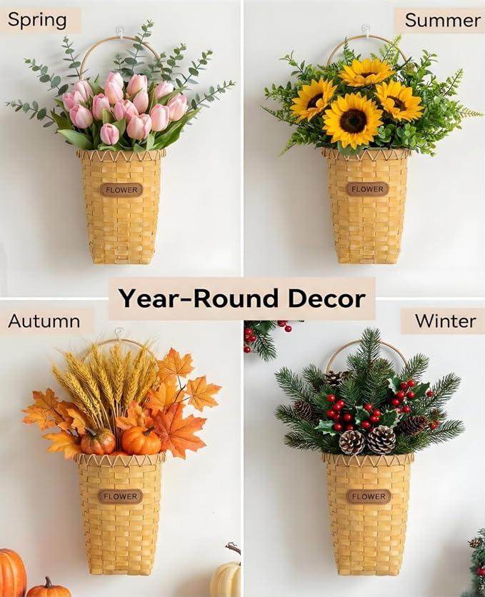 AceList Woven Hanging Basket for Wall Door, 9 Inch Tall Wood Storage Basket for Living Rooms, Kitchen, Rustic Farmhouse Pocket Basket with Long Handle for Dried Flower Decor With flower tags
