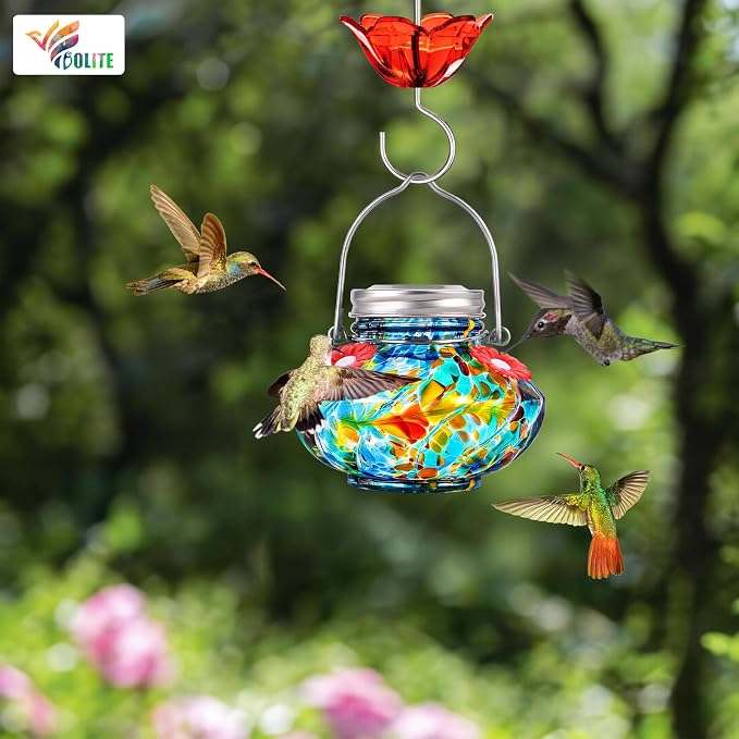 BOLITE Hummingbird Feeders for Outdoors, Hand Blown Top Fill Hummingbird Feeder, Glass Mason Jar with 4 Flower Feed Ports, Easy to Clean, Leak Proof, Bee Proof, Ant Moat, Blue, Gift for Bird Lovers