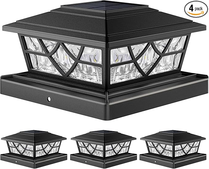 APONUO Solar Post Cap Lights 4 Pack for 4x4 5x5 6x6 Wood Vinyl Fences - IP64 Waterproof, Auto On/Off, Solar Powered Post Lights, Warm Cool White, Deck Patio Yard Decor, Black