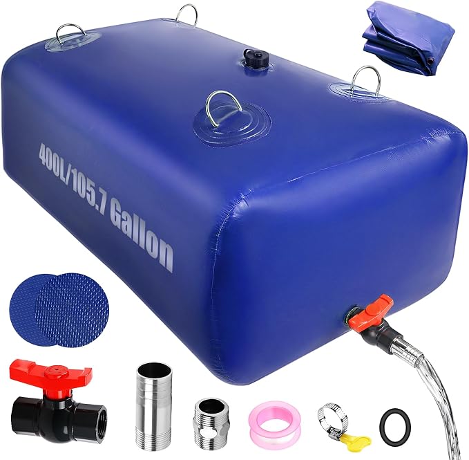 400 L/105.7 Gallon Water Storage Bladder, Foldable Portable Water Bladder Tank, Large Capacity Water Bag Container for Camping, Truck, RV, Emergency, Outdoor-Blue