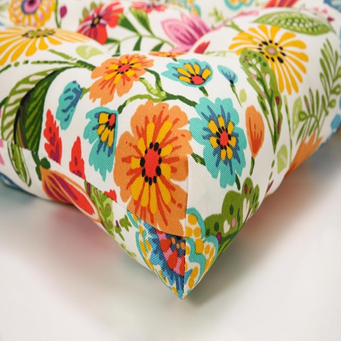 Pillow Perfect Bright Floral Indoor/Outdoor Tufted Wicker Chair Pad with Ties, 15.5" x 16", 2 Count, Blue/Purple Gregoire