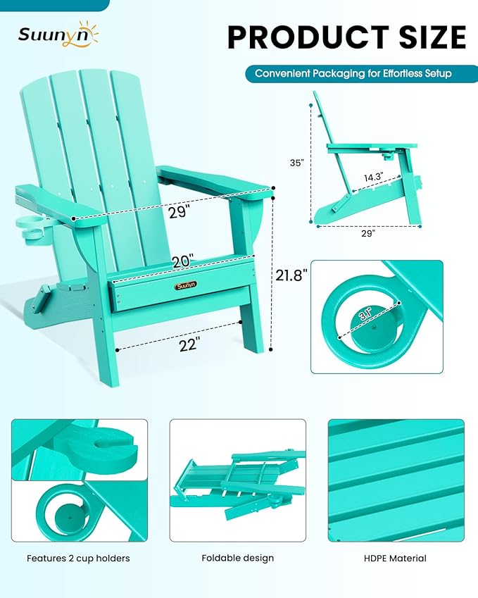 Folding Adirondack Chair, HDPE All-Weather Fire Pit Chairs, Plastic Adirondack Chairs with 2 Cup Holder, Outdoor Lawn Chair for Patio Garden (Lake Blue)