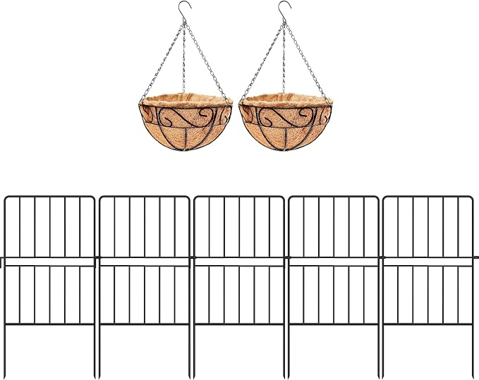 LaLaGreen Bundle- 2 Pack, 12 Inch Hanging Basket with Coco Liner + 10 Pack,24 Inch Decorative Garden Fence Black Metal Wire Landscape Edging Balcony Patio Porch Flower Plant Pot Farmhouse Style Garden