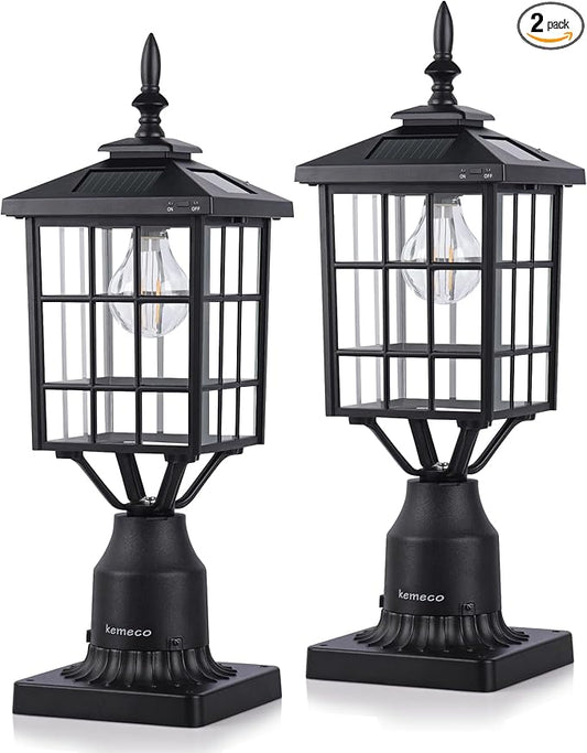 Outdoor Solar Post Lights with Pier Mount Base, ST4224Q 2 Pack Black Cast Aluminum Squared Waterproof Exterior Post Lamp Warm White LED for Yard Garden Pillar Pole Pathway