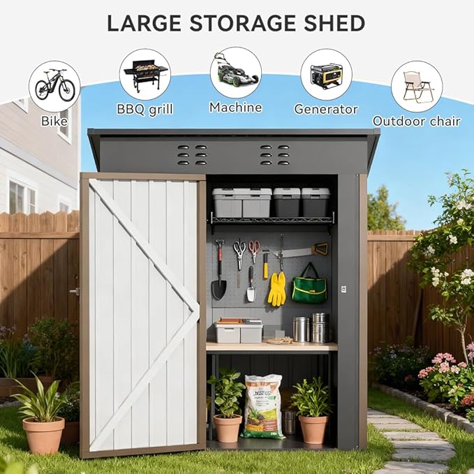 COMHOMA Shed Storage Outdoor Metal Windowed Lockable Solar Motion Light Adjustable Weatherproof Ventilated Backyard Garden Utility Workshop(Brown,5'*3')